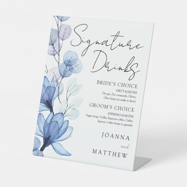 Dusty Blue Floral Wedding Signature Drinks Pedestal Sign (Front)