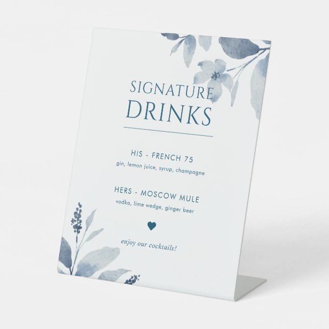 Dusty Blue Floral Wedding Signature Drinks Sign (Front)