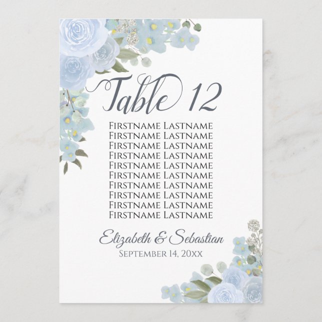Dusty Blue Floral Wedding Table Number Names Large (Back)