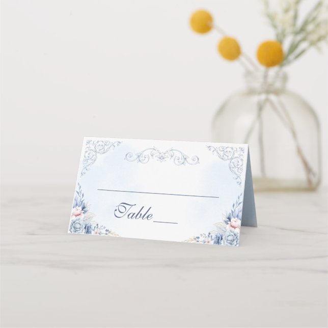 Dusty Blue Floral Wedding Table Number Place Card (Front)