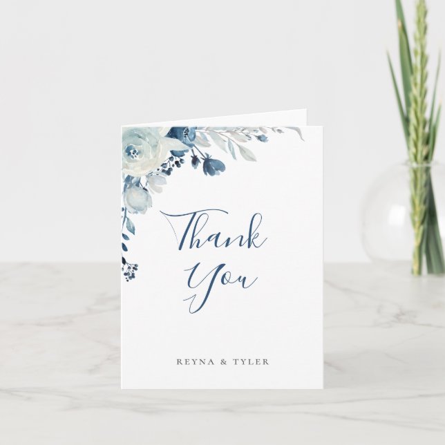 Dusty Blue Floral Wedding Thank You Card (Front)