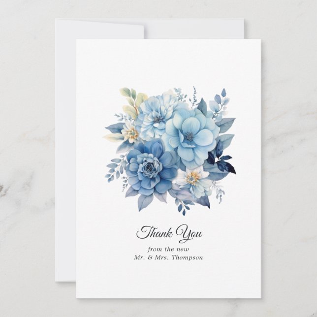Dusty Blue Floral Wedding Thank You Card (Front)