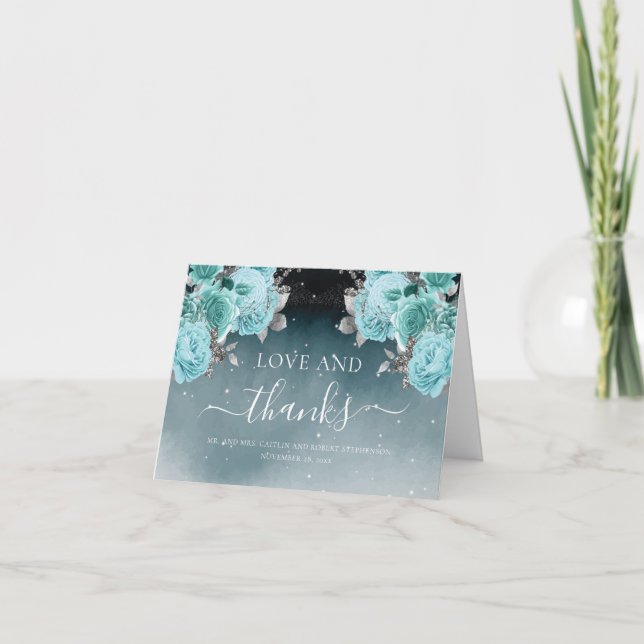 Dusty Blue Floral Wedding Thank you Card (Front)