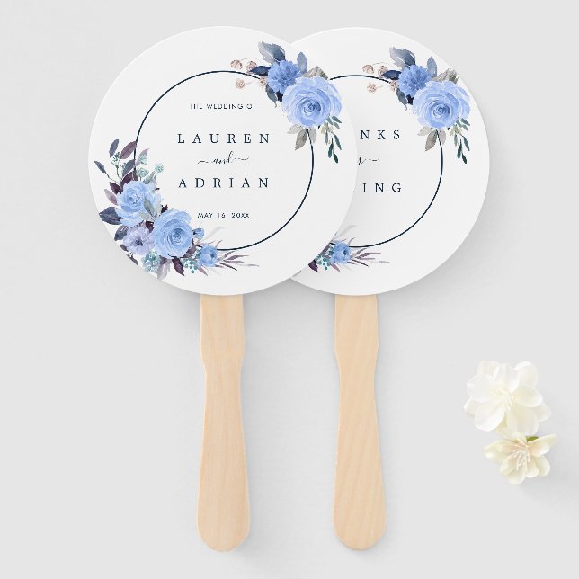 Dusty Blue Floral Wedding Thank You Hand Fan (Front and Back)