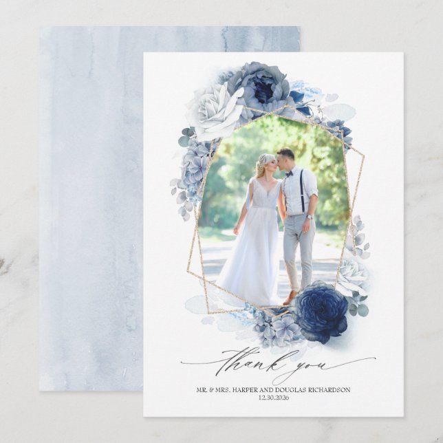 Dusty Blue Floral Wedding Thank You Photo Card (Front/Back)