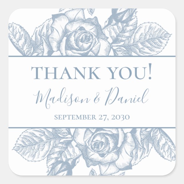 Dusty Blue Floral Wedding Thank You Square Sticker (Front)