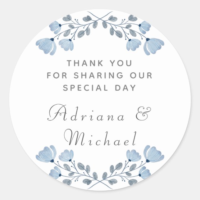 Dusty Blue Floral Wedding Thank You Sticker (Front)