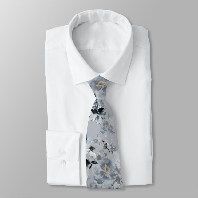 Dusty Blue Floral Wedding Tie (Tied)