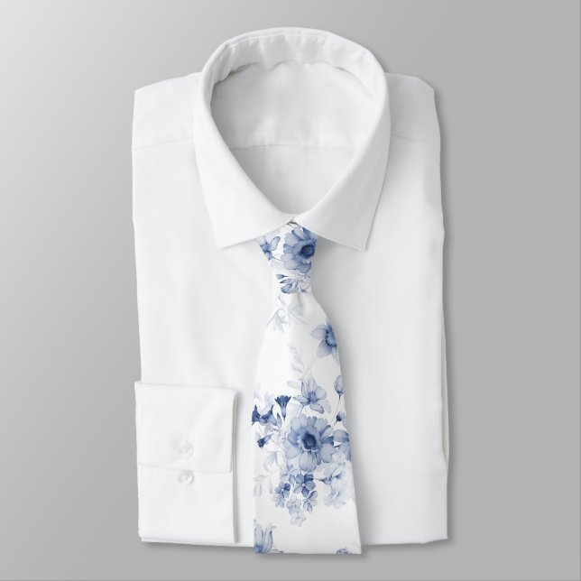 Dusty Blue Floral Wedding Tie (Tied)