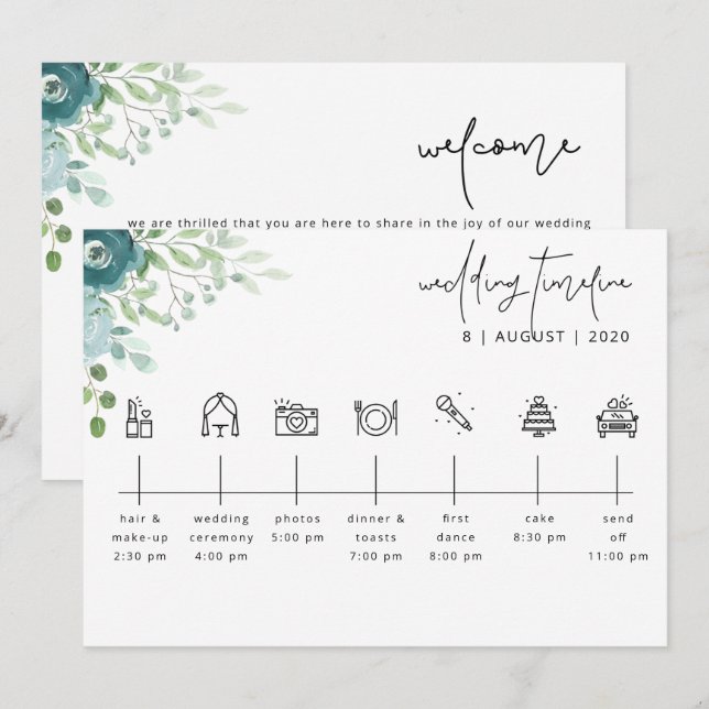 Dusty Blue Floral Wedding Timeline Welcome Card (Front/Back)
