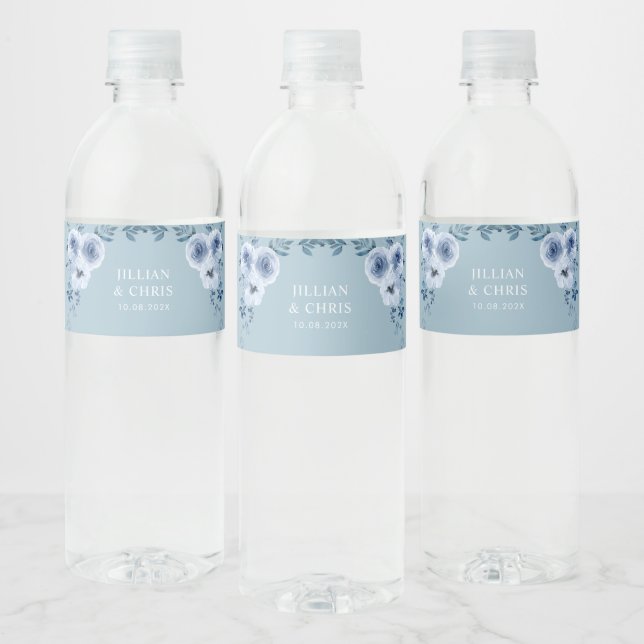 dusty blue floral wedding  water bottle label (Bottles)