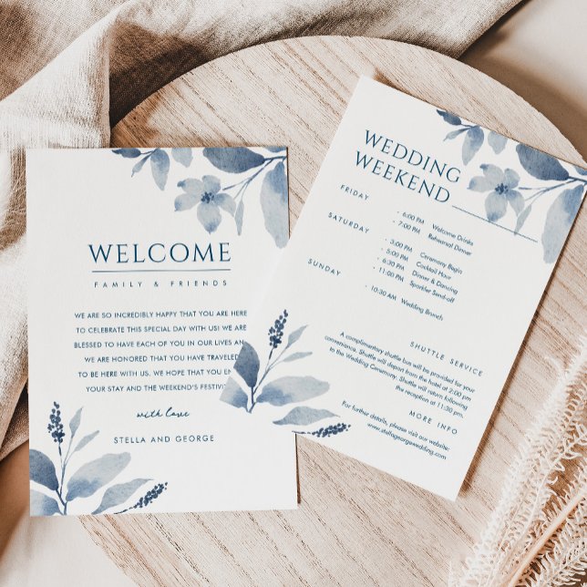 Dusty Blue Floral Wedding Welcome & Itinerary Card (Creator Uploaded)