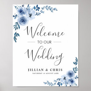 dusty blue floral wedding welcome poster