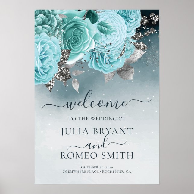 Dusty Blue Floral Wedding Welcome Sign (Front)