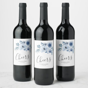 dusty blue floral wedding wine label