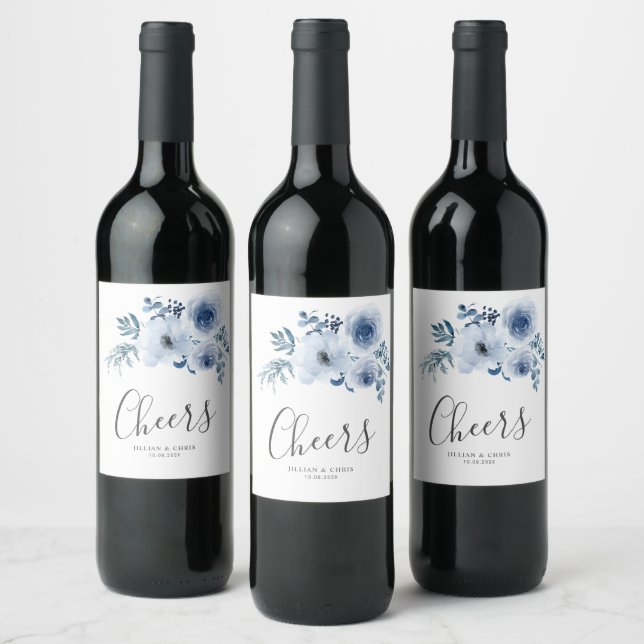 dusty blue floral wedding wine label (Bottles)