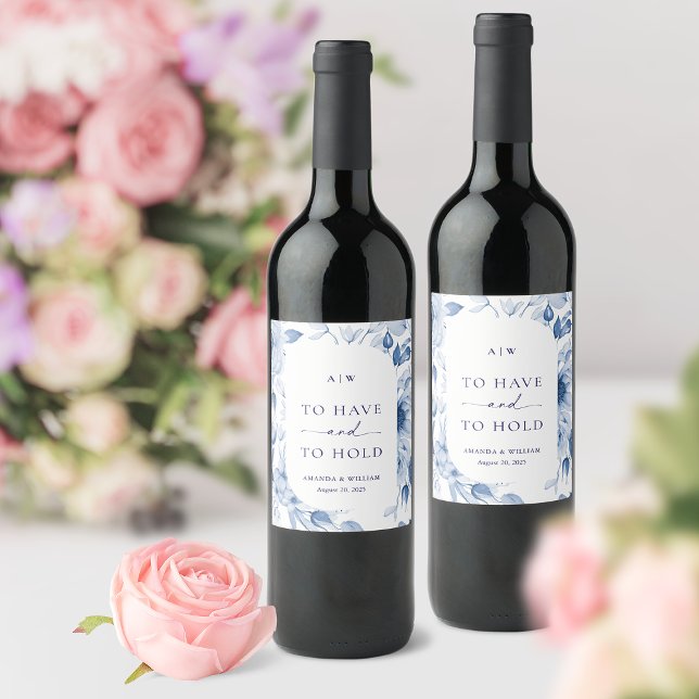 Dusty Blue Floral Wedding Wine Label (Creator Uploaded)