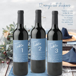 Dusty Blue Floral Wedding Wine Label Table Numbers