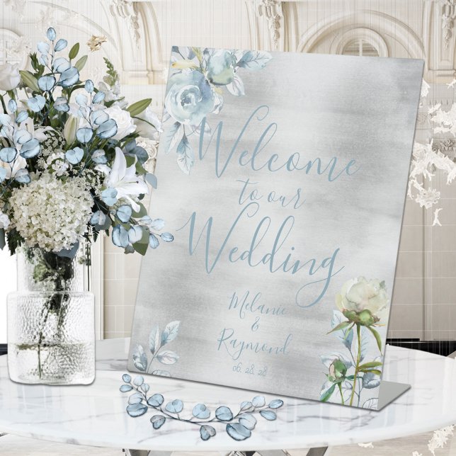 Dusty Blue Floral Welcome Our Wedding Handwritten Pedestal Sign (Creator Uploaded)
