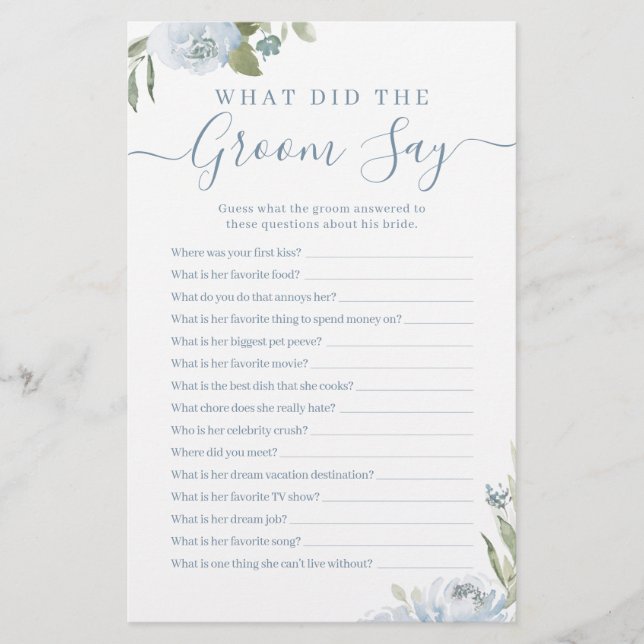 Dusty blue floral what did the groom say game (Front)