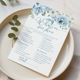 Dusty blue floral what's on your phone bridal game