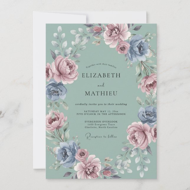 Dusty Blue Floral Whimsy Wedding Invitation (Front)
