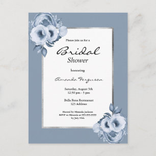 Dusty blue floral white bridal shower invitation postcard