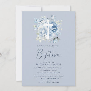 dusty blue floral white cross baptism invitation