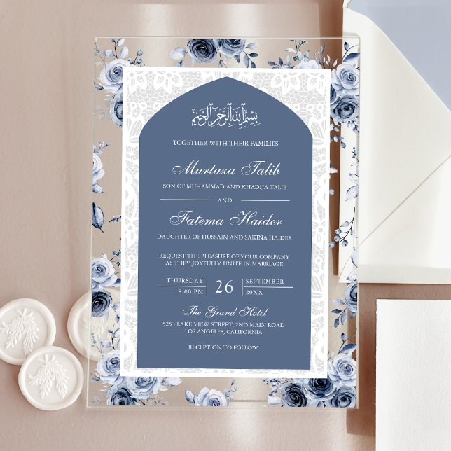 Dusty Blue Floral White Lace Arch Muslim Wedding Acrylic Invitations (Creator Uploaded)