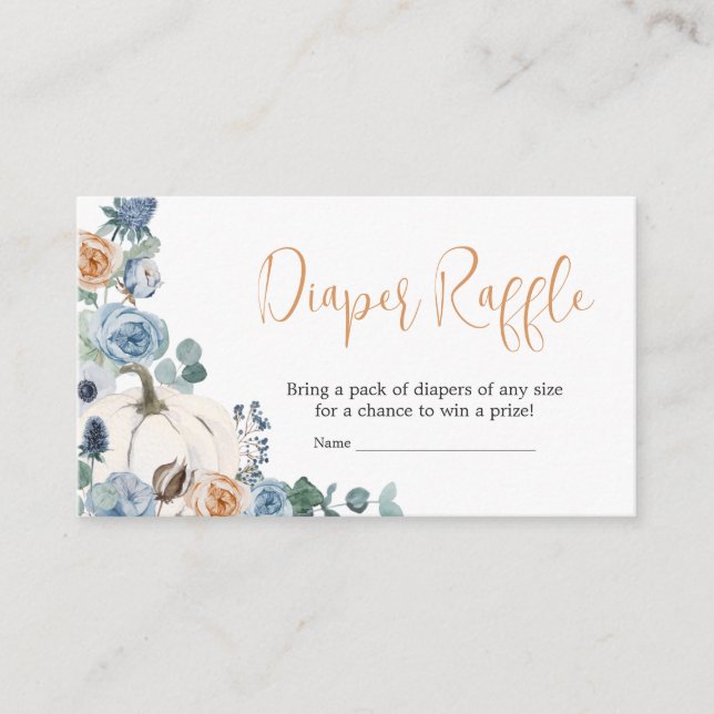 Dusty Blue Floral White Pumpkin Diaper Raffle Enclosure Card (Front)