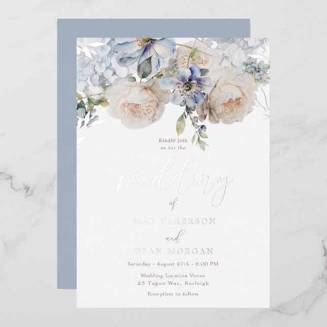 Dusty Blue Floral & White Roses Wedding Silver (Front/Back)