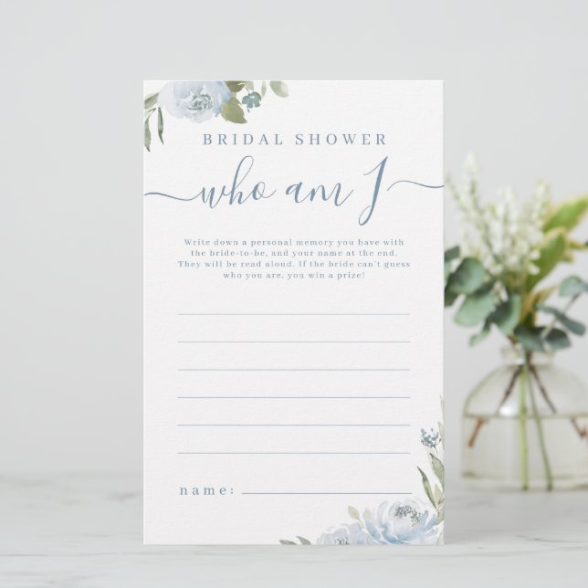 Dusty blue floral who am I bridal shower game (Standing Front)