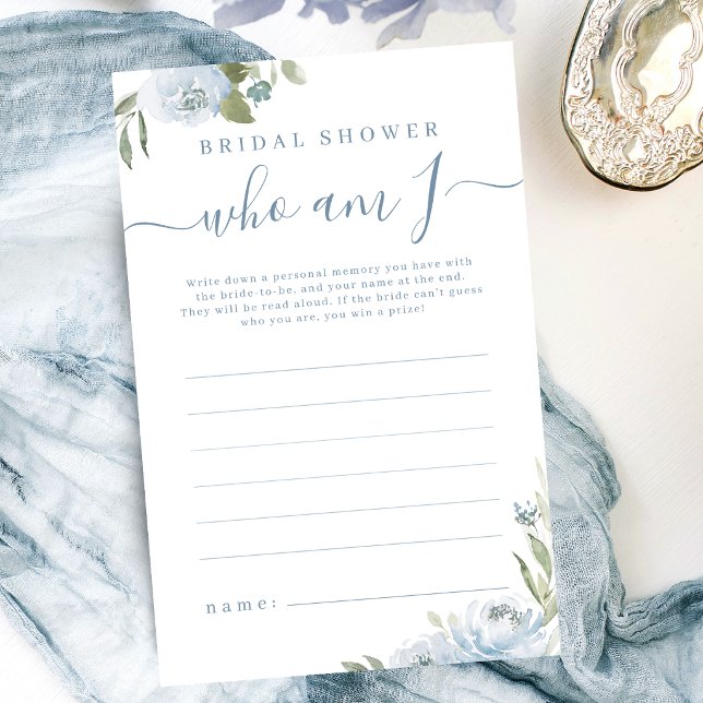 Dusty blue floral who am I bridal shower game (Dusty blue floral who am I bridal shower game)