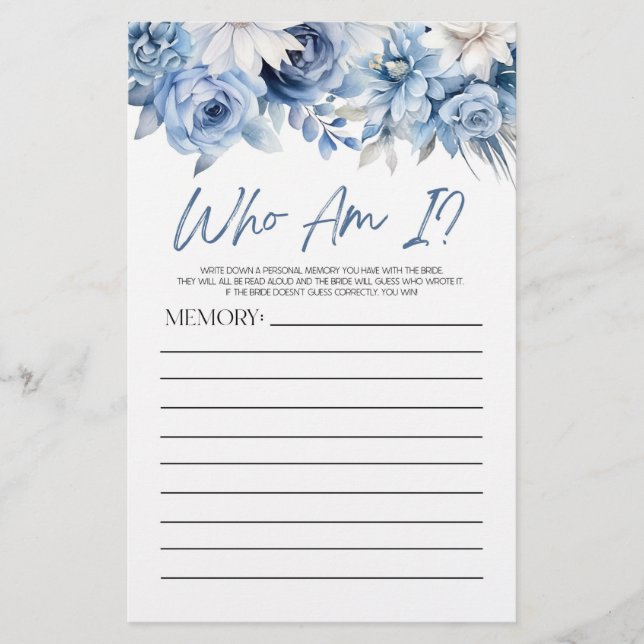 Dusty Blue Floral Who Am I Bridal Shower Game Stationery (Front)