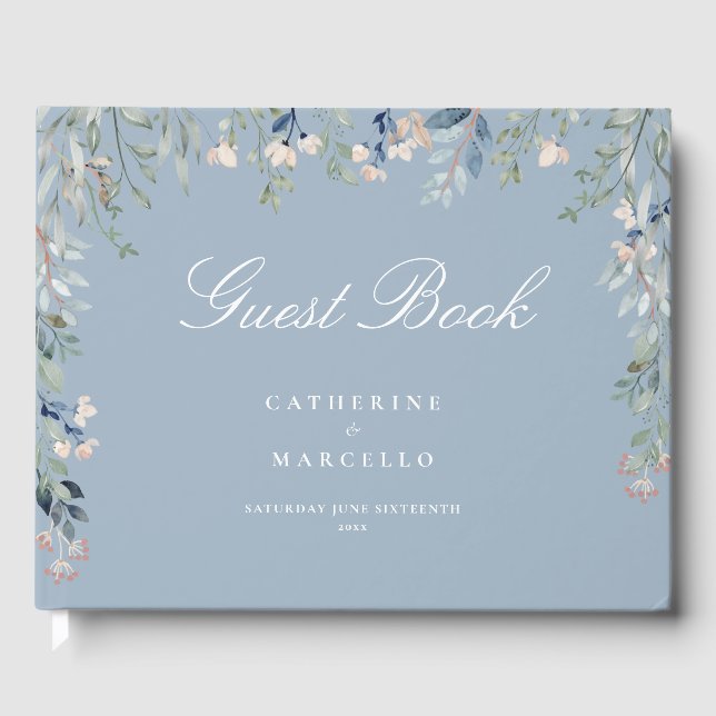 Dusty Blue Floral Wildflowers Cascade Wedding Guest Book (Front)