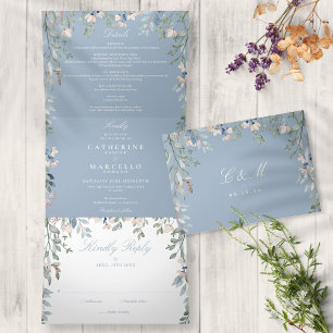 Dusty Blue Floral Wildflowers Photo Wedding Tri-Fold Invitation