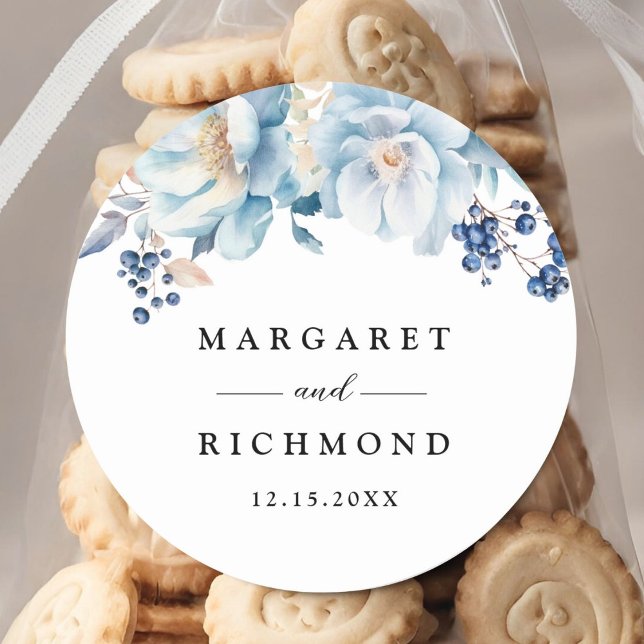 Dusty Blue Floral Winter Wedding Classic Round Sticker (Creator Uploaded)