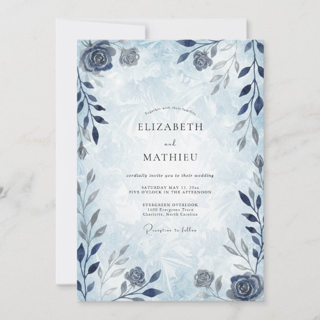 Dusty Blue Floral Winter Wedding Invitation (Front)