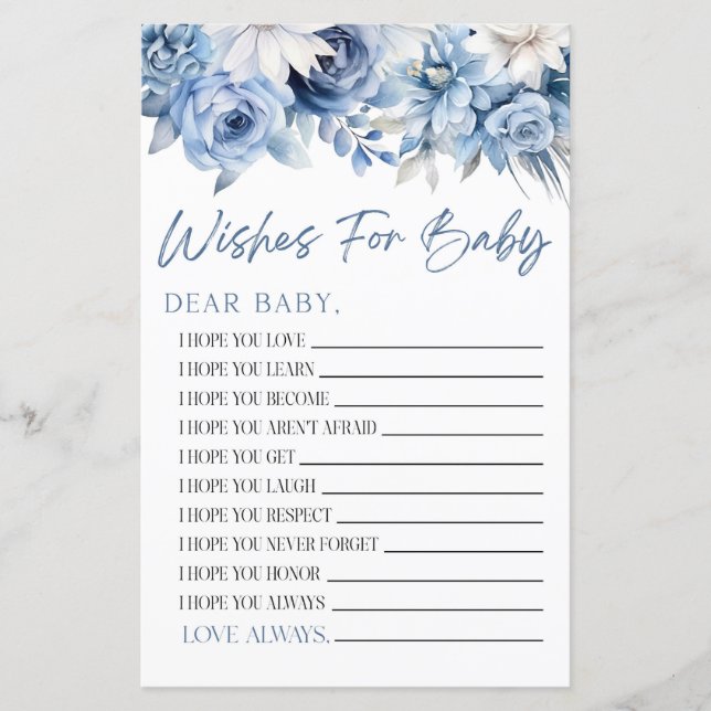 Dusty Blue Floral Wishes For Baby Shower Game (Front)
