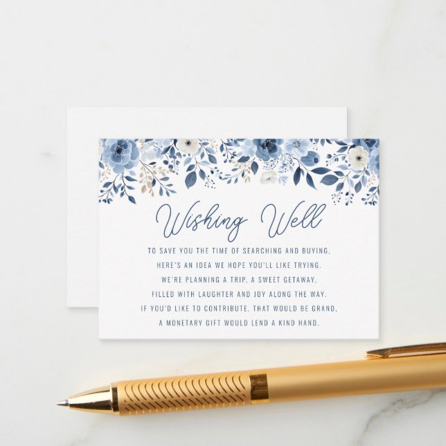 Dusty Blue Floral Wishing Well Bridal Shower  Enclosure Card (Front/Back In Situ)