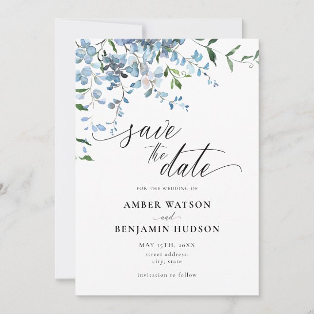 Dusty Blue Floral Wisteria Wedding Save The Date Invitation (Front)