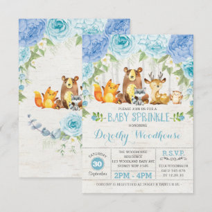 Dusty Blue Floral Woodland Animals Boy Baby Shower Invitation