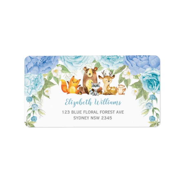 Dusty Blue Floral Woodland Animals Return Address Label (Front)