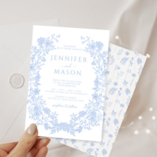 Dusty blue floral wreath bohemian classic wedding invitation