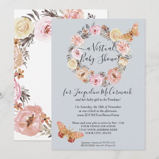 Dusty Blue Floral Wreath Butterfly Virtual Shower Invitation (Front/Back)