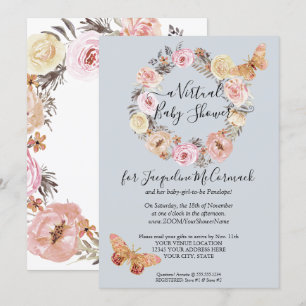 Dusty Blue Floral Wreath Butterfly Virtual Shower Invitation