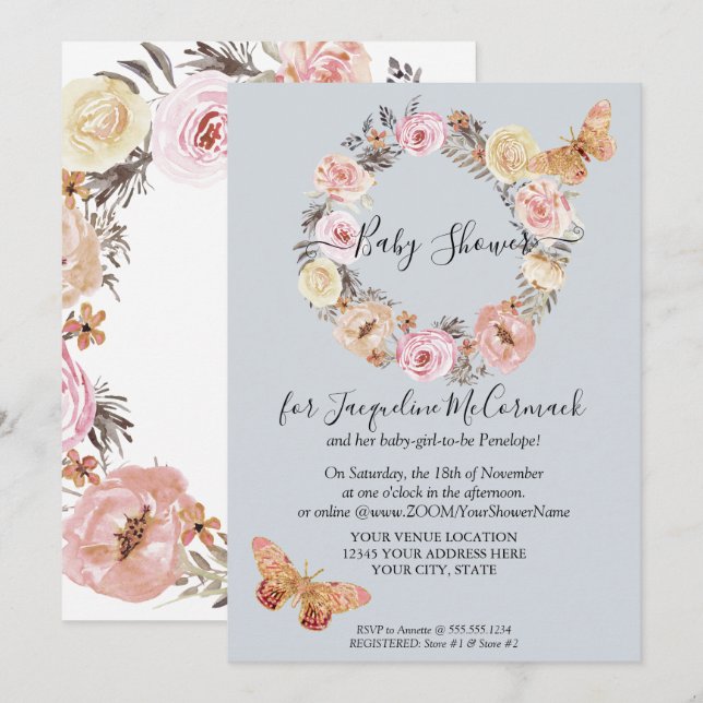 Dusty Blue Floral Wreath Butterfly Virtual Shower Invitation (Front/Back)