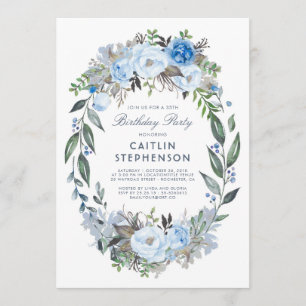 Dusty Blue Floral Wreath Elegant Birthday Party Invitation