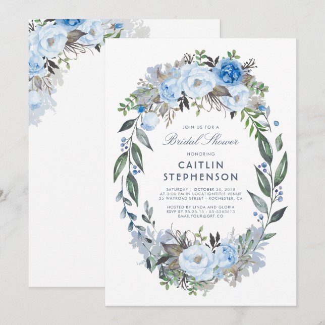 Dusty Blue Floral Wreath Elegant Bridal Shower Invitation (Front/Back)