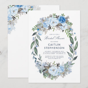 Dusty Blue Floral Wreath Elegant Bridal Shower Invitation
